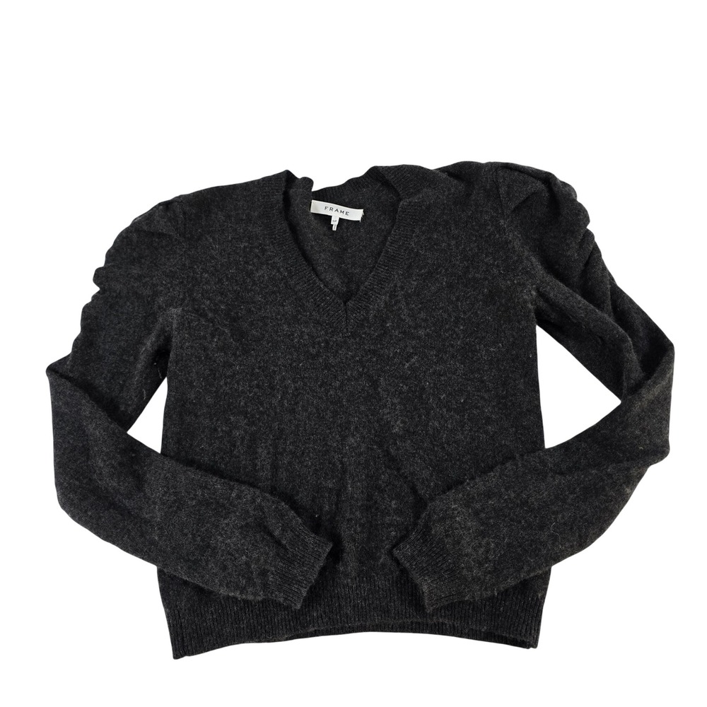 FRAME Womens 100% Cashmere V-Neck Puff Shoulder Sweater Charcoal Gray LWSW1861